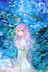 Rule 34 | 1girl, dress, fish, from side, highres, kazuka, long dress, long hair, looking at viewer, looking to the side, original, painting (medium), purple eyes, purple hair, solo, stingray, traditional media, watercolor (medium), white dress, wide sleeves