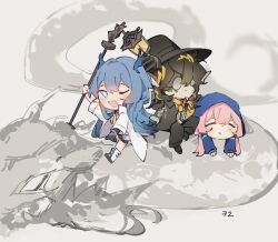 Rule 34 | 1boy, 2girls, ;d, = =, arknights, black headwear, black jacket, black pants, black shorts, blonde hair, blue eyes, blue hair, blue horns, blue jacket, blue poison (arknights), blush, brown hair, chibi, cigarette, closed mouth, coat, colored skin, dragon girl, dragon horns, earrings, glasses, grey background, hair between eyes, hat, highres, holding, holding staff, hood, hood up, hooded jacket, horns, jacket, jewelry, lee (arknights), ling (arknights), long hair, long sleeves, low twintails, multicolored hair, multiple girls, necktie, one eye closed, open clothes, open coat, open mouth, pants, pink hair, pointy ears, ruri (dailybloopy), shorts, sidelocks, simple background, smile, staff, streaked hair, twintails, white coat, white footwear, yellow necktie