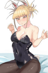 Rule 34 | 1girl, absurdres, alternate costume, animal ears, bags under eyes, black leotard, blonde hair, blunt bangs, boku no hero academia, breasts, cleavage, commentary, covered navel, double bun, fake animal ears, fake tail, hair bun, hair up, hands up, highleg, highleg leotard, highres, kneeling, leotard, light blush, medium breasts, messy hair, narrowed eyes, on bed, pantyhose, parted lips, playboy bunny, rabbit ears, rabbit tail, seiza, sidelocks, simple background, sitting, slit pupils, solo, strapless, strapless leotard, tail, thighs, toga himiko, white background, yellow eyes, zd (pixiv6210083)