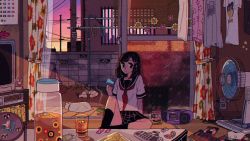 Rule 34 | 1girl, awakumo, black eyes, black socks, blouse, boombox, bottle, building, cable, cat, coffee table, crt, cup, curtains, drinking glass, electric fan, electric plug, electrical outlet, female focus, film grain, flower, food, hair ornament, hairclip, highres, kneehighs, neckerchief, on ground, original, popsicle, red neckerchief, school uniform, serafuku, shirt, sitting, sliding doors, socks, solo, sunflower, sunset, table, tea, television, utility pole, white shirt, wide shot, window, window blinds