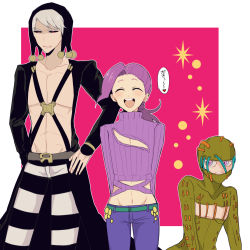 Rule 34 | 3boys, belt, black coat, black sclera, border, braid, chest harness, closed eyes, coat, colored sclera, freckles, frown, grey hair, grin, harness, hat, jojo no kimyou na bouken, long hair, looking at another, multiple boys, navel, pants, pink hair, purple pants, red eyes, risotto nero, secco, size difference, smile, speech bubble, standing, striped clothes, striped pants, sudaeda, sweater, vento aureo, vinegar doppio