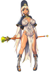 Rule 34 | 1girl, blonde hair, boots, breasts, brown eyes, cross-laced footwear, destiny child, full body, hat, high heel boots, high heels, holding, kim hyung tae, lace-up boots, large breasts, long hair, long sleeves, maat (destiny child), official art, parted lips, pelvic curtain, scepter, shiny skin, simple background, solo, standing, twintails, very long hair, white background