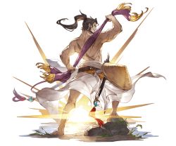 Rule 34 | 10s, 1boy, abs, back, bare shoulders, barefoot, beard, belt, brown hair, facial hair, full body, granblue fantasy, grass, hat, jin (granblue fantasy), katana, leaf, long hair, male focus, manly, minaba hideo, official art, ponytail, rock, scar, solo, sword, teeth, towel, transparent background, weapon