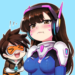 Rule 34 | &gt; &lt;, 2girls, :d, :t, > <, alphy, blue background, blush, bodysuit, breasts, brown eyes, brown hair, commentary request, d.va (overwatch), closed eyes, facial mark, goggles, headphones, jacket, laughing, lips, long hair, looking at viewer, meta, multiple girls, open mouth, outline, overwatch, overwatch 1, pilot suit, pout, round teeth, self hug, short hair, simple background, skin tight, smile, spiked hair, tears, teeth, tracer (overwatch), upper body, whisker markings, xd