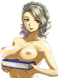 Rule 34 | 1girl, atlus, bare shoulders, book, breast rest, breasts, carried breast rest, carrying, female focus, hairband, large breasts, lipstick, long hair, makeup, margaret, margaret (persona), michael f91, nipples, persona, persona 4, smile, solo, topless frame, white hair, yellow eyes