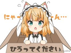 Rule 34 | 1girl, animal ear fluff, animal ears, text background, blonde hair, blush, box, cardboard box, cat ears, center frills, chestnut mouth, commentary request, fleur de lapin uniform, flying sweatdrops, frills, gochuumon wa usagi desu ka?, green eyes, in box, in container, kemonomimi mode, kirima syaro, looking at viewer, mitya, open mouth, puffy sleeves, shirt, simple background, solo, translation request, uniform, upper body, waitress, white background, white shirt