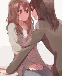 Rule 34 | 2girls, brown hair, buttons, face-to-face, hair between eyes, hands on lap, jewelry, long hair, long sleeves, looking at another, multiple girls, necklace, open mouth, original, shadow, sou (tuhut), yuri