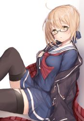 Rule 34 | 1girl, absurdres, against wall, ahoge, artoria pendragon (all), artoria pendragon (fate), black thighhighs, blonde hair, blue ribbon, chestnut mouth, dark persona, fate/grand order, fate (series), glasses, hair ribbon, highres, jacket, looking at viewer, maosame, mysterious heroine x alter (fate), mysterious heroine x alter (first ascension) (fate), ribbon, saber (fate), school uniform, serafuku, sitting, solo, thighhighs, yellow eyes