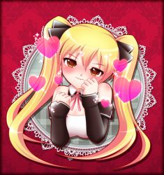 Rule 34 | 1girl, bare shoulders, blonde hair, blush, chinpui (artist), chinpui (chinpui02), collarbone, detached collar, detached sleeves, dream c club, dream c club (series), heart, long hair, looking at viewer, mian (dream c club), ribbon, solo, twintails, upper body, yellow eyes