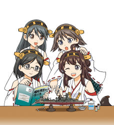 Rule 34 | 10s, 4girls, :d, ;d, absurdres, ahoge, black hair, book, brown eyes, brown hair, commentary request, detached sleeves, double bun, glasses, grey hair, hairband, haruna (kancolle), hiei (kancolle), highres, holding, hoshino banchou, kantai collection, kirishima (kancolle), kongou (battleship), kongou (kancolle), long hair, military, military vehicle, model, multiple girls, nontraditional miko, one eye closed, open mouth, headpat, model kit, pointing, ship, short hair, grey eyes, simple background, smile, tamiya incorporated, translated, warship, watercraft, white background