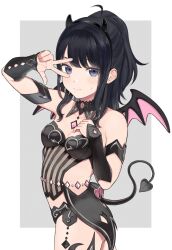Rule 34 | 1girl, arm up, armband, black armband, black choker, black hair, black leotard, black wristband, blue eyes, blush, bow, breasts, choker, cleavage, closed mouth, collarbone, demon girl, demon horns, demon wings, grey background, grid background, hair bow, hand on own chest, highres, horns, idolmaster, idolmaster shiny colors, kazano hiori, leotard, long hair, looking at viewer, medium breasts, mole, mole under mouth, outside border, pendant choker, ponytail, shy, simple background, solo, standing, sukeroku (treeee), sweatdrop, w, white background, wings, wristband