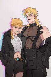 Rule 34 | 2boys, abs, absurdres, black coat, black shorts, blonde hair, blue lips, braid, bug, coat, dio brando, earrings, father and son, giorno giovanna, green eyes, hands in pockets, height difference, highres, honlo, insect, jewelry, jojo no kimyou na bouken, ladybug, long hair, looking at viewer, male focus, midriff, multiple boys, muscular, muscular male, navel, open clothes, open coat, pectorals, red eyes, red lips, see-through, shorts, smile, standing, vento aureo