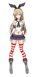 Rule 34 | 1girl, anchor, black panties, blonde hair, crop top, elbow gloves, full body, gloves, gluteal fold, grey eyes, hairband, highleg, highleg panties, highres, kantai collection, long hair, looking at viewer, microskirt, panties, sailor collar, school uniform, serafuku, shimakaze (kancolle), skirt, sogegin, solo, standing, striped clothes, striped thighhighs, thighhighs, underwear, white gloves