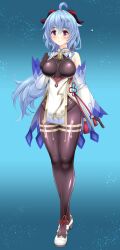 Rule 34 | 1girl, ahoge, bell, black gloves, black pantyhose, blue bow, blue hair, blush, bodystocking, bow, chinese knot, commentary, cowbell, curled horns, curvy, detached sleeves, flower knot, ganyu (genshin impact), genshin impact, gloves, goat horns, gold trim, highres, horns, leotard, leotard under clothes, long hair, long sleeves, looking at viewer, low ponytail, neck bell, pantyhose, purple eyes, rope, satou terumasa, shoes, sidelocks, skirt, smile, solo, standing, thighlet, vision (genshin impact), white footwear, white skirt, white sleeves