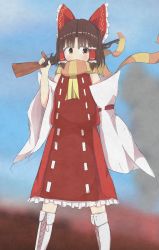 Rule 34 | 1girl, absurdres, akabeco, benikurage (cookie), bow, brown eyes, brown hair, brown scarf, cookie (touhou), detached sleeves, gun, hair bow, hair tubes, hakurei reimu, highres, holding, holding gun, holding weapon, looking at viewer, multicolored clothes, multicolored scarf, red bow, scarf, short hair, solo, touhou, weapon