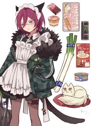 Rule 34 | 1boy, animal ears, apron, bad id, bad pixiv id, black dress, blue eyes, brown pantyhose, camouflage, can, canned food, cat, cat ears, cat tail, chocolate, cowboy shot, crossdressing, dress, drink can, energy drink, ensemble stars!, food, frilled apron, frills, fur-trimmed jacket, fur trim, glasses, green jacket, hair between eyes, hand in pocket, highres, jacket, kemonomimi mode, long sleeves, maid, maid headdress, male focus, male maid, meremero, monster energy, open mouth, pantyhose, plastic wrap, pudding, purple hair, raw meat, saegusa ibara, short hair, soda can, solo, spring onion, standing, tail, thigh strap, white apron, white background, white cat