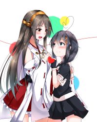 Rule 34 | 10s, 2girls, :d, absurdres, ahoge, bare shoulders, black hair, black serafuku, blue eyes, commentary request, detached sleeves, fingerless gloves, gloves, grey hair, hair ornament, hair over shoulder, haruna (kancolle), headgear, heart, heart ahoge, heart hands, height difference, highres, japanese clothes, kantai collection, long hair, long sleeves, multiple girls, namikawa kuroha, nontraditional miko, open mouth, orange eyes, pleated skirt, remodel (kantai collection), school uniform, serafuku, shigure (kancolle), skirt, smile, yuri