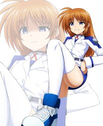 Rule 34 | absurdres, alternate hairstyle, belt, brown hair, commentary request, commission, disdain, eyebrows hidden by hair, grin, hair down, hands on own hips, highres, long sleeves, lyrical nanoha, mahou shoujo lyrical nanoha, miniskirt, oshimaru026, partially shaded face, pixiv commission, purple eyes, red ribbon, ribbon, skirt, smile, smug, takamachi nanoha, thighhighs, tsab air military uniform, tsab executive military uniform, white background, white devil, white sneakers, white thighhighs