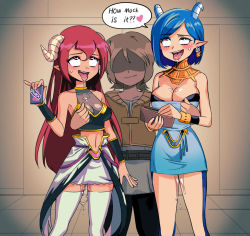 Rule 34 | 1boy, 2girls, ahegao, blue eyes, blue hair, grabbing another&#039;s breast, condom, didi (she&#039;s gon), grabbing, grabbing from behind, highres, lily (she&#039;s gon), multiple girls, non-web source, red eyes, red hair, drooling, she&#039;s gon, tongue, tongue out