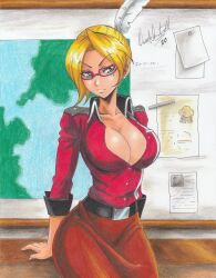 Rule 34 | 1girl, 2020, absurdres, belt, belt buckle, blonde hair, blue eyes, breasts, brown skirt, buckle, cleavage, collarbone, cowboy shot, desk, feather hair ornament, feathers, female focus, glasses, hair ornament, highres, indoors, jacket, large breasts, lilly (metal slug), map, metal slug, metal slug 6, military uniform, mole, mole under eye, nails, notes, on desk, paper, ravernclouk design, red jacket, serious, sitting, on desk, skirt, snk, solo, traditional media, uniform, wall, white feathers