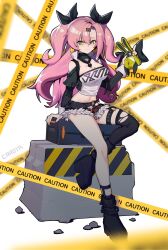 Rule 34 | 1girl, asymmetrical legwear, bare shoulders, black footwear, black ribbon, black shorts, black socks, black thighhighs, boots, breasts, caution tape, cleavage, clothing cutout, commentary request, cutoffs, gongxifacai crroya, hair between eyes, hair ornament, hair ribbon, hairclip, highres, holding, holding stuffed toy, large breasts, long hair, long sleeves, looking at viewer, midriff, mole, mole on breast, navel, nicole demara, pink hair, ribbon, short shorts, shorts, shoulder cutout, simple background, single thighhigh, sitting, smile, socks, solo, stomach, strapless, stuffed toy, thighhighs, thighs, torn clothes, torn thighhighs, tube top, two side up, very long hair, white background, yellow eyes, zenless zone zero