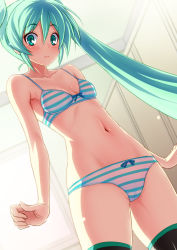 Rule 34 | 1girl, aqua bra, aqua eyes, aqua hair, aqua panties, armpits, backlighting, bare arms, bare shoulders, black thighhighs, blue bow, blush, bow, bow bra, bow panties, bra, breasts, cleavage, collarbone, cowboy shot, derivative work, dutch angle, eyebrows, from below, frown, hair between eyes, hatsune miku, highres, indoors, long hair, looking at viewer, looking down, narrow waist, navel, panties, partially visible vulva, room, shimashima salmon, small breasts, solo, standing, stomach, striped bra, striped clothes, striped panties, sunlight, sweatdrop, thighhighs, twintails, underwear, underwear only, very long hair, vocaloid, white bra, white panties, window