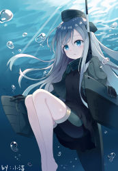 Rule 34 | 10s, 1girl, :&lt;, absurdres, artist name, artist request, bare legs, barefoot, blue eyes, bubble, colored skin, derivative work, highres, kantai collection, long hair, looking at viewer, machinery, ocean, silver hair, snorkel, solo, submerged, u-511 (kancolle), underwater, white skin