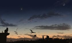 Rule 34 | 2018, animal, bird, blue sky, cat, chinese commentary, city lights, cityscape, cliff, cloud, cloudy sky, dark clouds, dated, evening, flying, gradient sky, highres, landscape, mixed-language commentary, moon, multicolored sky, no humans, orange sky, original, scenery, shuang zhi, signature, silhouette, sitting, sky, star (sky), sunset, twilight, wide shot