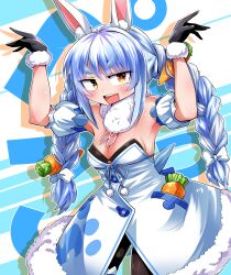 Rule 34 | 1girl, animal ears, armpits, black gloves, black leotard, black pantyhose, blue hair, blush, bow, braid, breasts, carrot hair ornament, cleavage, commentary request, cowboy shot, detached sleeves, don-chan (usada pekora), dress, food-themed hair ornament, fur-trimmed gloves, fur scarf, fur trim, gloves, hair bow, hair ornament, hololive, leotard, leotard under clothes, long hair, looking at viewer, medium bangs, medium breasts, multicolored hair, open mouth, orange eyes, pantyhose, puffy detached sleeves, puffy short sleeves, puffy sleeves, rabbit ears, rabbit girl, rabbit pose, scarf, shimizu pem, short sleeves, sidelocks, smile, solo, strapless, strapless dress, teeth, thick eyebrows, twin braids, twintails, two-tone hair, upper teeth only, usada pekora, usada pekora (1st costume), virtual youtuber, white bow, white dress, white hair, white scarf, white sleeves