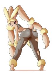 Rule 34 | 1girl, absurdres, animal ears, ass, black pantyhose, black shirt, breasts, cameltoe, creatures (company), from behind, full body, furry, game freak, gen 4 pokemon, highres, kneepits, legs, looking at viewer, looking back, lopunny, lucyfer, medium breasts, mega lopunny, mega pokemon, nintendo, no humans, pantyhose, pokemon, pokemon (creature), rabbit ears, rabbit girl, rabbit tail, red eyes, shirt, simple background, sleeveless, sleeveless shirt, solo, tail, thighs, torn clothes, torn pantyhose, underwear, white background, wide hips