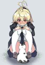 Rule 34 | + +, 1girl, absurdres, ahoge, andou tazusa, animal, antenna hair, assault lily, black ribbon, black skirt, blonde hair, blush, brown footwear, cat, closed mouth, convenient censoring, female focus, frilled skirt, frills, full body, grass, grey background, hair between eyes, hair ribbon, hands on own knees, highres, jewelry, juliet sleeves, knees to chest, knees together feet apart, loafers, long sleeves, looking at animal, looking down, medium hair, miniskirt, nose blush, ponytail, puffy sleeves, red eyes, ribbon, ring, school uniform, shoes, simple background, sketch, skirt, smile, solo, squatting, sweatdrop, thighhighs, upskirt, wavy mouth, white cat, white ph, yunodon (sugar maple), yurigaoka girls academy school uniform