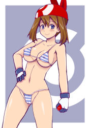 Rule 34 | 1girl, bandana, bikini, blue eyes, blush, border, breasts, brown hair, cameltoe, cleft of venus, closed mouth, collarbone, commentary request, covered erect nipples, creatures (company), eyelashes, game freak, gloves, hair between eyes, hand on own hip, holding, holding poke ball, looking at viewer, may (pokemon), medium hair, navel, nintendo, outside border, poke ball, poke ball (basic), pokemon, pokemon (anime), pokemon rse (anime), red bandana, shiny skin, smile, solo, striped bikini, striped clothes, sweatdrop, swimsuit, tsumitani daisuke, white border, white gloves