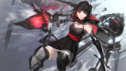 Rule 34 | 1girl, bad id, bad pixiv id, bare shoulders, black dress, black hair, black thighhighs, cape, copyright name, dress, elbow gloves, gloves, gradient background, highres, looking at viewer, original, pixiv fantasia, pixiv fantasia t, red eyes, sash, sleeveless, sleeveless dress, smile, solo, swd3e2, thighhighs, upskirt, weapon, zettai ryouiki