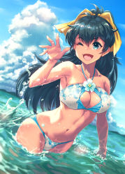 Rule 34 | 1girl, ;d, antenna hair, armpits, bare arms, bare shoulders, bikini, black hair, blue eyes, blue sky, blush, bow, breasts, cleavage, cleavage cutout, clothing cutout, cloud, collarbone, day, fang, flower, ganaha hibiki, hair bow, hand up, high ponytail, highres, idolmaster, idolmaster (classic), large breasts, long hair, looking away, looking to the side, mikel (4hands), navel, ocean, one eye closed, open mouth, outdoors, skindentation, sky, smile, solo, stomach, swimsuit, very long hair, wading, water, white bikini, white flower, yellow bow