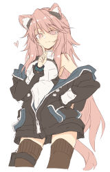 Rule 34 | 1girl, animal ears, arknights, armor, black jacket, black wristband, blush, breastplate, brown thighhighs, cowboy shot, cropped legs, earpiece, finger to mouth, gravel (arknights), hand on own hip, hand up, heart, index finger raised, infection monitor (arknights), jacket, looking at viewer, mouse ears, mouse girl, mouse tail, off shoulder, partially unzipped, pink eyes, satou kibi, simple background, sketch, sleeveless, solo, tail, thighhighs, white background