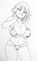 Rule 34 | 1girl, breasts, cameltoe, cleavage, cleft of venus, collarbone, gluteal fold, highres, hokuto (tokuho), kill la kill, large breasts, looking at viewer, matoi ryuuko, monochrome, navel, open mouth, short hair, sketch, solo, stomach, thighs