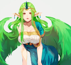 Rule 34 | 1girl, breasts, circlet, dragon wings, fire emblem, fire emblem echoes: shadows of valentia, green hair, green wings, hair wings, horns, jewelry, jurge, large breasts, looking at viewer, mila (fire emblem), nintendo, pointy ears, single bare shoulder, single horn, solo, wings
