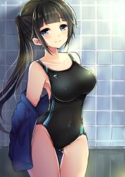 Rule 34 | 1girl, black hair, blue eyes, blunt bangs, bunsai, competition swimsuit, highres, jacket, one-piece swimsuit, original, ponytail, solo, standing, swimsuit