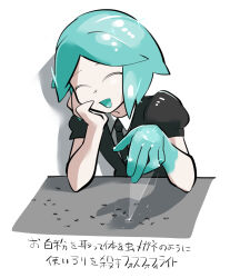 Rule 34 | 1other, :d, androgynous, animal abuse, ant, aqua hair, aqua skin, arm support, black necktie, black shirt, bug, burning, closed eyes, collared shirt, colored skin, commentary request, elbows on table, facing viewer, gem uniform (houseki no kuni), hand on own chin, hands up, highres, houseki no kuni, insect, light rays, multicolored skin, necktie, open mouth, other focus, pale skin, phosphophyllite, puffy short sleeves, puffy sleeves, shirt, short hair, short sleeves, simple background, smile, solo, sparkle, tirarizun, upper body, white background, white shirt