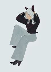 Rule 34 | 1girl, black footwear, black gloves, black shirt, blush, circle, dark-skinned female, dark skin, full body, gloves, grey background, grey hair, grey pants, hands up, hat, high heels, highres, invisible chair, long hair, long sleeves, looking at viewer, mu mashu, open mouth, original, pants, pinup (style), red eyes, revision, shirt, shoes, simple background, sitting, solo