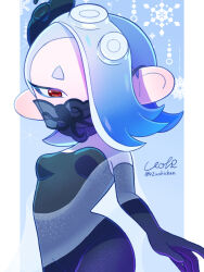 Rule 34 | 1girl, artist name, black dress, black gloves, blue background, blue hair, breasts, cephalopod eyes, commentary request, dress, elbow gloves, gloves, hair over one eye, highres, looking at viewer, mask, medium hair, mouth mask, n2uohichan, nintendo, octoling, official alternate costume, outside border, pillarboxed, red eyes, see-through, see-through shawl, shawl, shiver (splatoon), signature, small breasts, smile, solo, splatoon (series), splatoon 3, twitter username