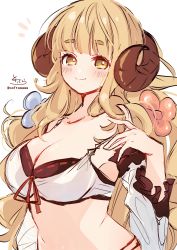 Rule 34 | 1girl, absurdres, anila (granblue fantasy), anila (summer) (granblue fantasy), bikini, black bikini, blue flower, blush, breasts, brown eyes, brown hair, cleavage, closed mouth, collarbone, curled horns, detached sleeves, draph, flower, granblue fantasy, hair flower, hair ornament, hand up, highres, horns, large breasts, layered bikini, long hair, long sleeves, looking at viewer, notice lines, red flower, ribbon-trimmed bikini, ribbon-trimmed sleeves, ribbon trim, sheep horns, short eyebrows, signature, simple background, smile, sofra, solo, swimsuit, thick eyebrows, twitter username, upper body, very long hair, white background, white bikini, white sleeves