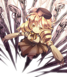 Rule 34 | 10s, 1girl, beret, blonde hair, boots, bow, brown thighhighs, detached sleeves, drill hair, fate/stay night, fate (series), field of blades, fingerless gloves, foreshortening, from above, gloves, gun, hair ornament, hairpin, hat, long hair, magical girl, magical musket, mahou shoujo madoka magica, mahou shoujo madoka magica (anime), musket, perspective, pleated skirt, puffy sleeves, ribbon, rifle, skirt, smile, solo, striped clothes, striped thighhighs, thighhighs, tomoe mami, twintails, unlimited blade works (fate), vertical-striped clothes, vertical-striped thighhighs, weapon, yellow eyes, yyukke, zettai ryouiki