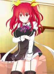 Rule 34 | 10s, 1girl, :t, absurdres, artist name, blush, bow, breast hold, breasts, garter straps, hair between eyes, hair bow, highres, long hair, mush (mushlicious), rakudai kishi no cavalry, red eyes, red hair, school uniform, skirt, unworn skirt, solo, stella vermillion, thighhighs, twintails, two side up