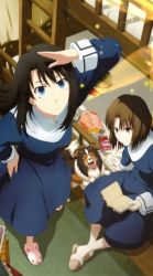 Rule 34 | 2girls, bed, black hair, blue eyes, book, brown hair, bunk bed, chips (food), dog, dutch angle, food, from above, hand on own hip, hip focus, kara no kyoukai, kokutou azaka, looking up, mouth hold, multiple girls, pocky, potato chips, ryougi shiki, school uniform, shading eyes, slippers