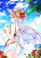 Rule 34 | 10s, 1girl, 2016, ass, back, bare arms, bendy straw, bikini, blue sky, breasts, cloud, cowboy shot, cup, dated, day, drinking, drinking glass, drinking straw, elf, emilia (re:zero), eyelashes, floating hair, flower, food, frills, from behind, fruit, glint, hair flower, hair ornament, hat, hibiscus, highres, holding, holding cup, holding drinking glass, juice, lens flare, lime (fruit), lime slice, long hair, maokezi, mouth hold, ocean, outdoors, palms, petals, pointy ears, profile, purple eyes, re:zero kara hajimeru isekai seikatsu, red flower, sarong, see-through, silver hair, sky, solo, straw hat, summer, swimsuit, water, wind, yellow bikini