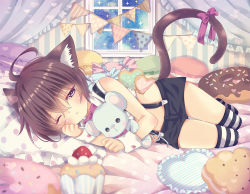 Rule 34 | 1boy, ahoge, animal ears, bed, black shorts, blue eyes, blush, brown hair, cat boy, cat ears, cat tail, crop top, lying, male focus, night, night sky, on side, one eye closed, original, overalls, rushichi 777, short hair, shorts, sky, solo, star (sky), starry sky, striped clothes, striped thighhighs, stuffed animal, stuffed toy, tail, thighhighs, window
