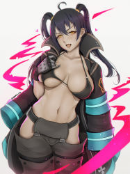 Rule 34 | 1girl, absurdres, ahoge, bikini, bikini top only, black bikini, black coat, black gloves, black hair, breasts, coat, collarbone, en&#039;en no shouboutai, eyelashes, fang, gloves, hair between eyes, hair intakes, hand up, head tilt, heart, highres, hip vent, large breasts, leaning to the side, legs together, lifted by self, liya nikorov, long hair, looking at viewer, navel, neon trim, o-ring, o-ring bikini, o-ring top, open clothes, open coat, open mouth, round teeth, sidelocks, simple background, skin fang, skindentation, solo, sparkle, standing, strap gap, strap lift, swimsuit, tamaki kotatsu, teeth, toned, tongue, twintails, twitter username, white background, yellow eyes