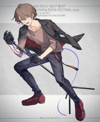 Rule 34 | 1boy, belt, black gloves, black jacket, blue pants, brown eyes, brown hair, brown shirt, character name, copyright name, full body, gloves, half gloves, highres, holding, holding microphone, holding microphone stand, iv 4t, jacket, jewelry, kagami hayato, loafers, microphone, microphone stand, necklace, nijisanji, open clothes, open jacket, pants, red belt, red footwear, shirt, shoes, solo, virtual youtuber