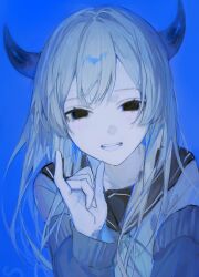 Rule 34 | 1girl, absurdres, black eyes, black sailor collar, blue background, blue theme, cardigan partially removed, cevio, colored skin, commentary, grey hair, half-closed eyes, hand up, highres, horns, isei ni ikou ne (cevio), long hair, long sleeves, looking at viewer, neckerchief, open mouth, pinky out, pinky swear, sailor collar, school uniform, serafuku, simple background, smile, solo, tsukio (o tukio), upper body, white skin